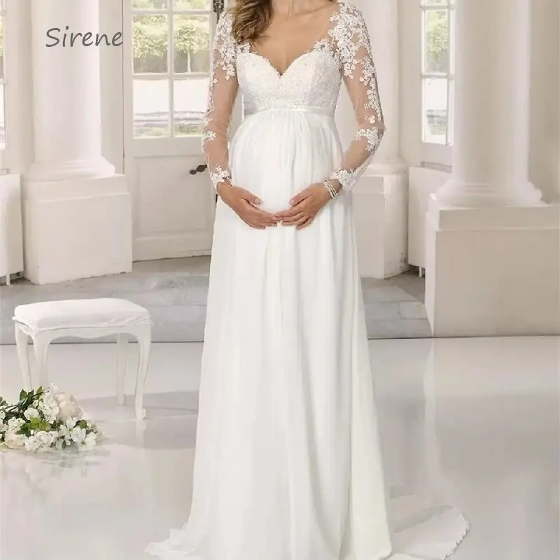 

Maternity Sweetheart Chiffon Wedding Dresses Illusion Back Boho Lace Long Sleeves Bridal Gown Floor Length Vestido De Noiva 2024