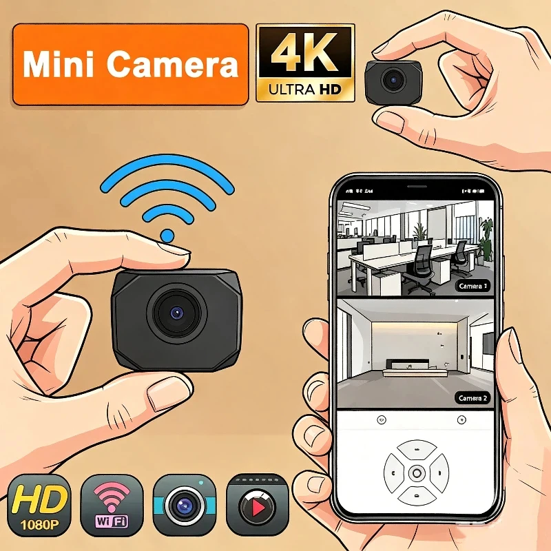 Câmera de Segurança Mini WiFi 4K 2026, 1080P HD, Monitor Remoto Portátil, Pequena Filmadora para Vigilância Residencial Interna