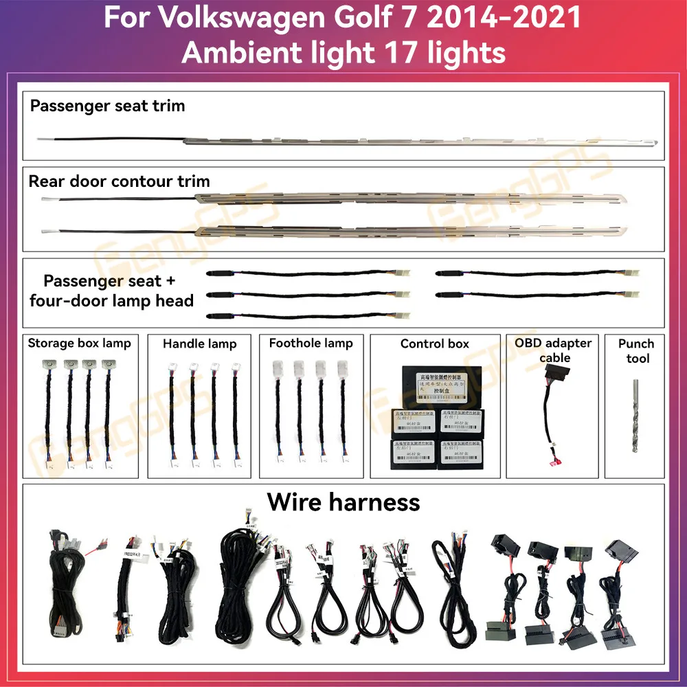 

Окружающие огни для Volkswagen Golf 7 2014-2021, атмосферный светильник, оригинальный 1:1, RGB, 17 огней, управление через приложение, автомобильные аксессуары