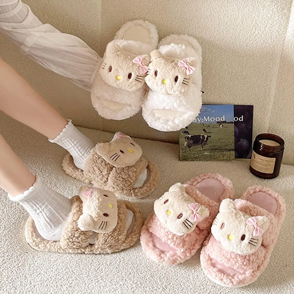 

Cute Female Warm Plush Slippers Hello Kitty Anime Winter Kawaii Cartoon Warm Cotton Home Slippers Leisure Anti-Slip Cat Shoes