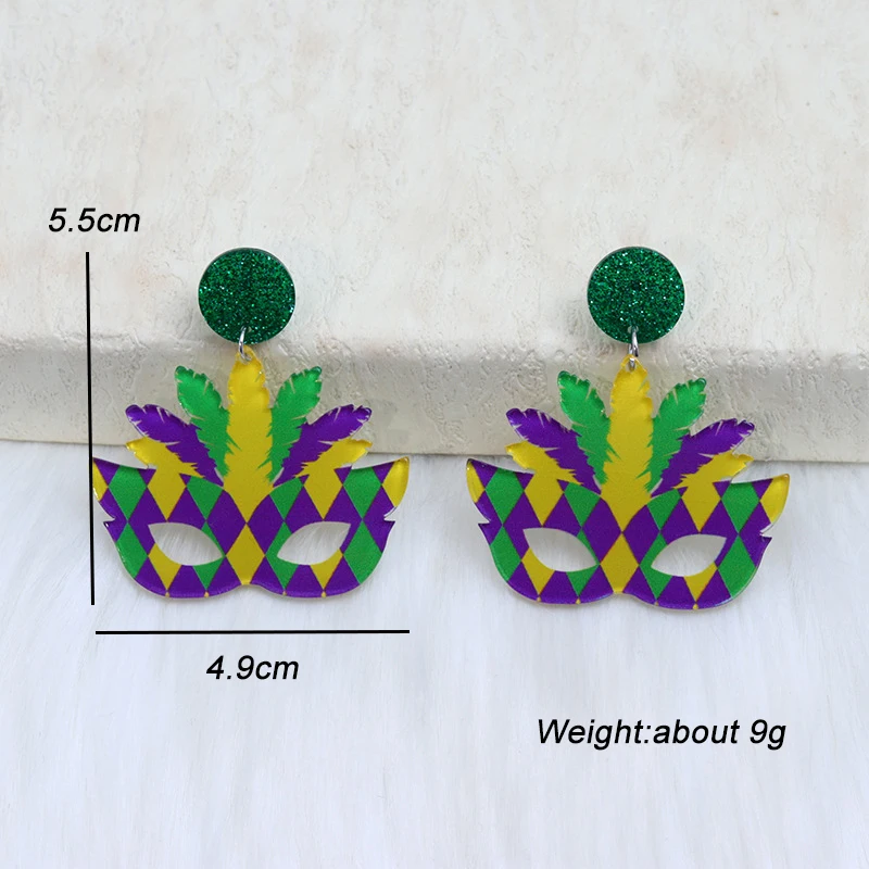Orecchini con maschera di carnevale alla moda per le donne Mardi Gras tacchi alti corona orecchini pendenti in acrilico Party