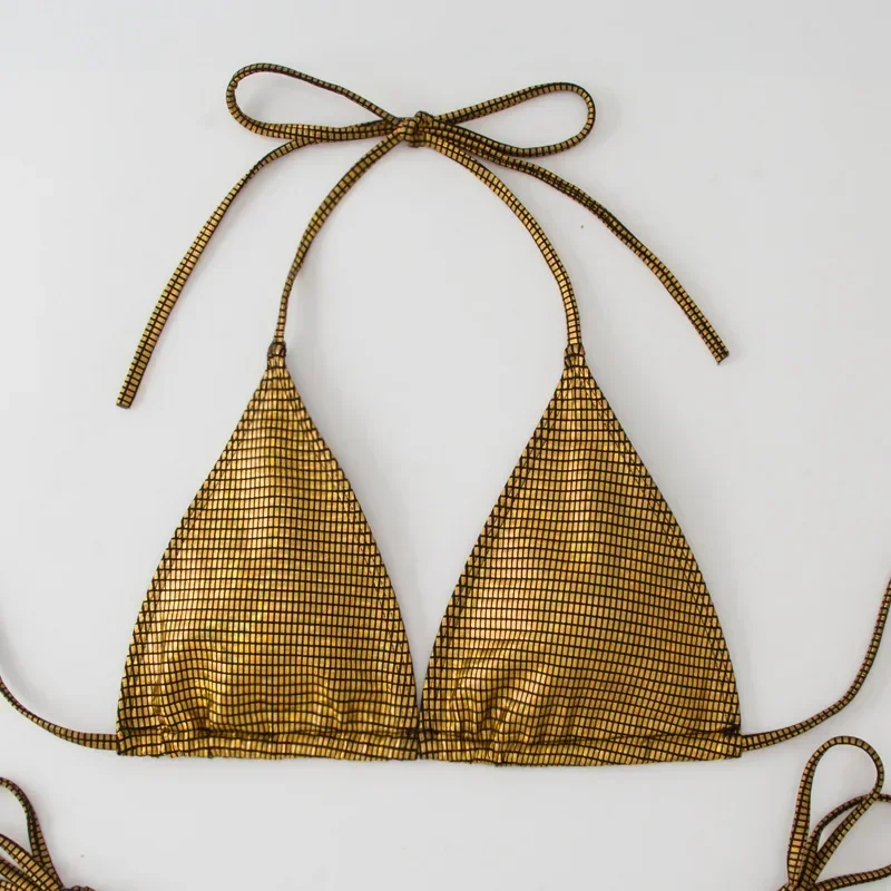 

sexy shinny gold sequine bikinis sets two pieces padded thong halter string swimwear female bathing suit biquini tankini
