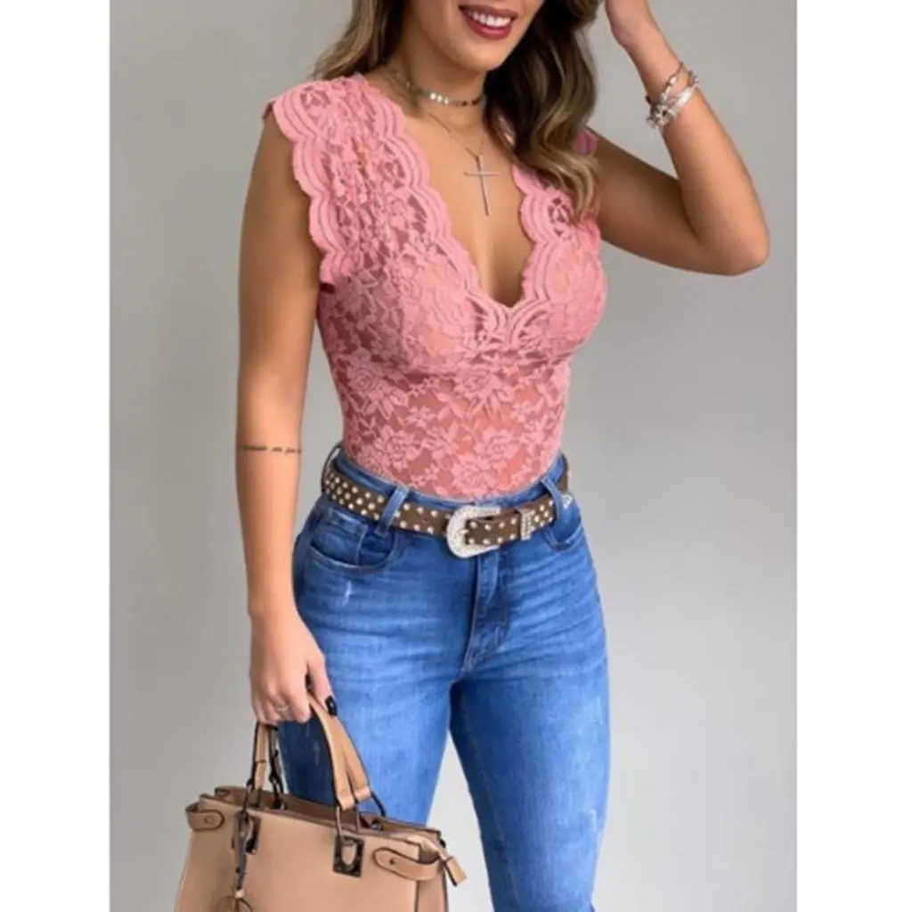 

Women's Lace Shirt V-neck Pullover T-shirt Slim-fit Sexy Base Top European And American Style Spring Summer Outer Wear