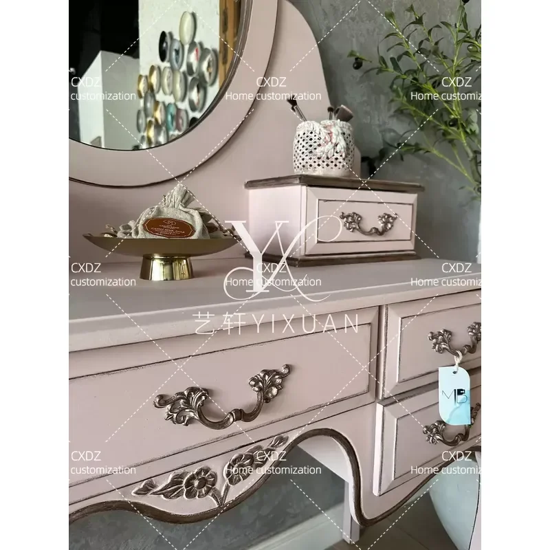 American Solid Wood Dresser with Drawers Korean Retro Pink Makeup Table with Mirror High End Customization