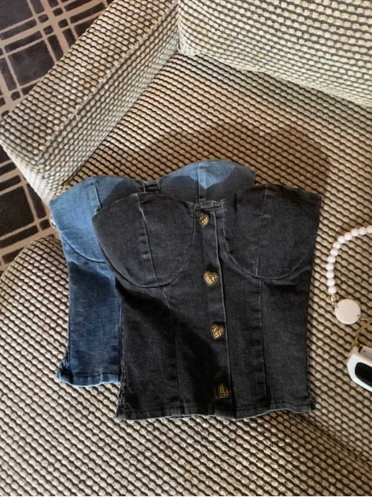 

American Style Spicy Girl Denim Tube Top Women's Slim Fit Fashionable Vintage Design Sensation Base Shirt Autumn Winter