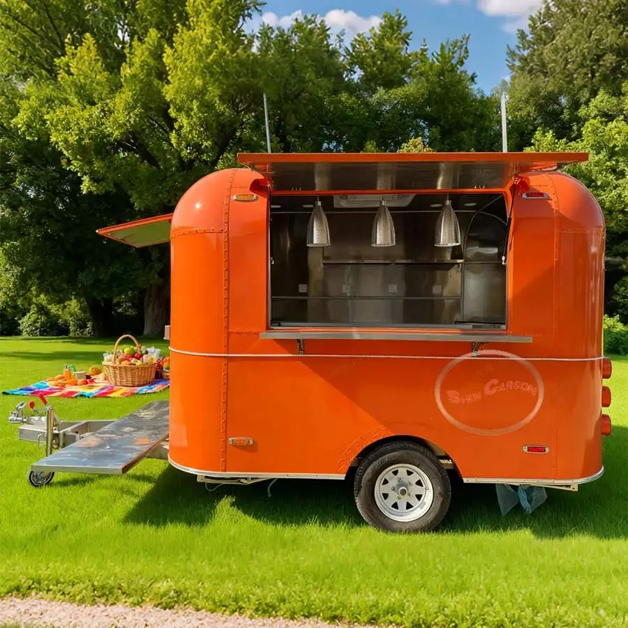 

Outdoor Food Trailer Retro Orange Paint Finish Mobile Kitchen with Retractable Awning And Extended Platform for Food Display