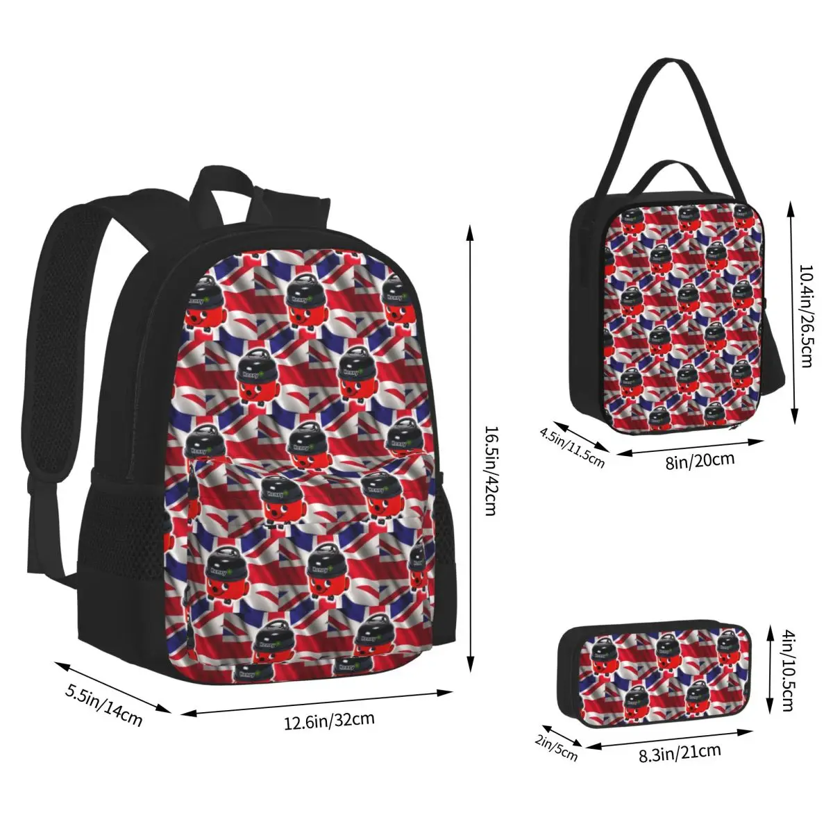 Henry Hoover With UK Flag Backpacks Students Bookbag School Bags Children Rucksack Lunch Bag Pen Bag Three-Piece Set