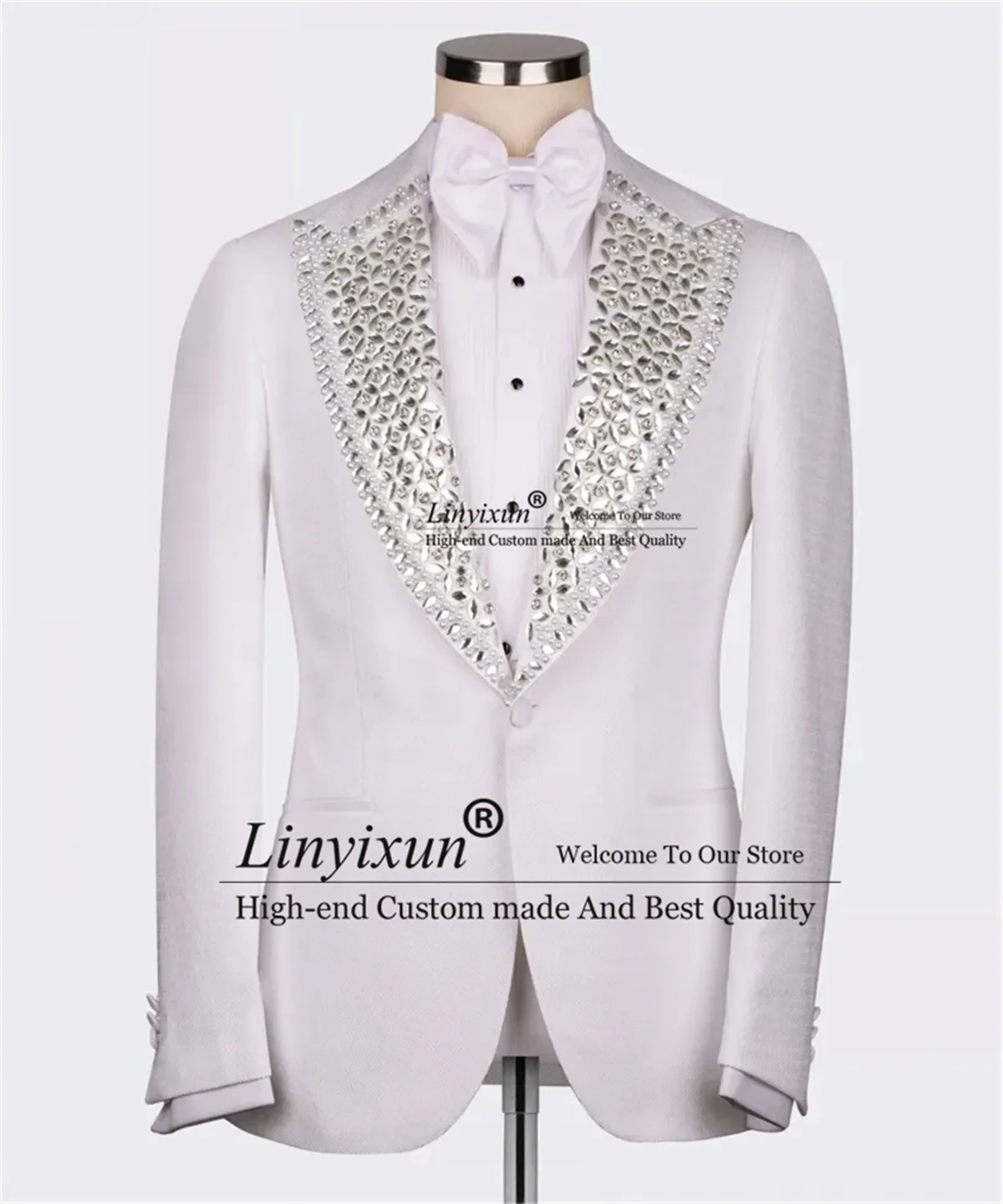 Luxury Crystals Beaded Dubai Groom Wedding Tuxedos Formal Men Suits Slim Fit Male Prom Blazer Arabic Peaked Lapel Costume Homme