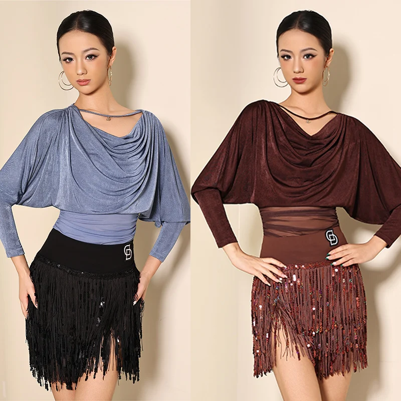 

Новинка 2025, женская одежда для латинских танцев, свободные топы, юбка с кисточками и блестками, костюм для взрослых, румба, самба, тренировочная одежда BL17038