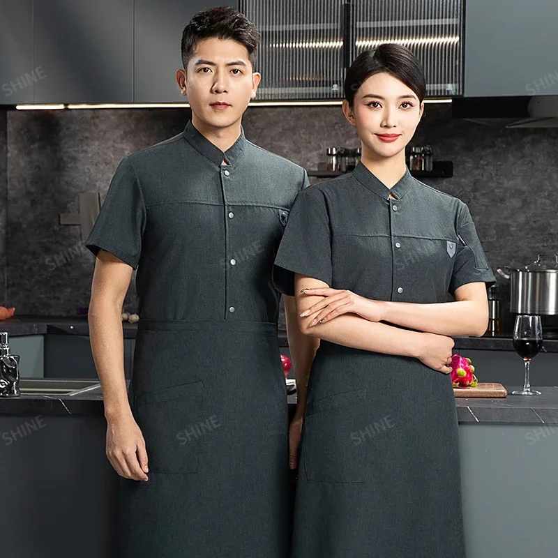 nero Uniforme da cuoco grembiule abiti da lavoro logo Pantaloncini da cuoco Giacca estiva da uomo a maniche corte Cappotto da cuoco traspirante Cucina del ristorante