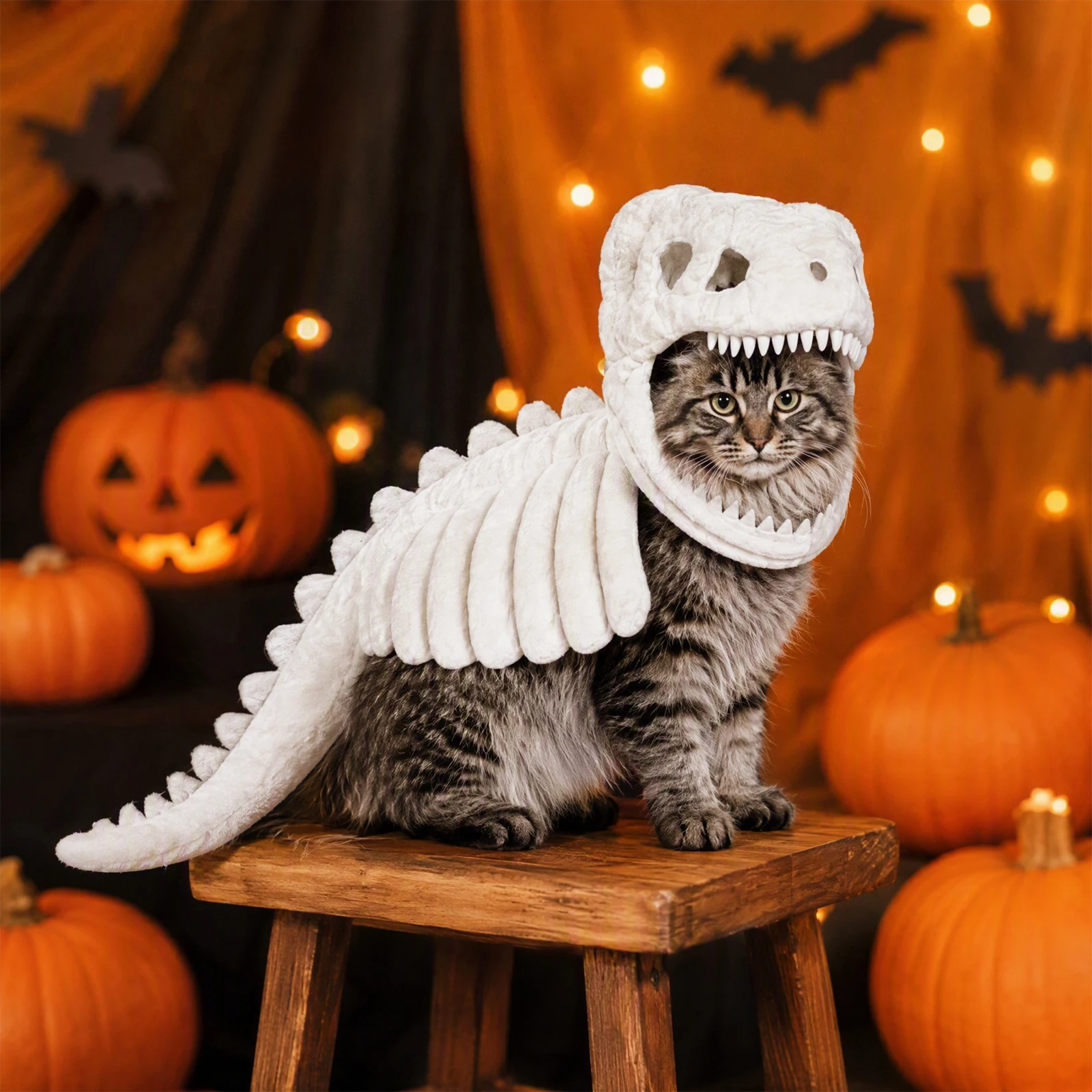 Disfraz de Halloween para Gato Esqueleto que Brilla en la Oscuridad, Sudadera de Felpa de Dinosaurio, Traje para Mascotas, Gorro de Calavera 3D, Espina Dorsal de Costillas, Forro Polar Suave