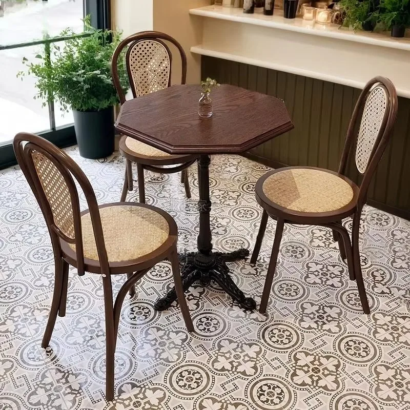 Vintage Midcentury Octagonal Wood Bistro Table Rattan Chair Set Commercial Dining Furniture Coffee Milk Tea Living Room Bedroom