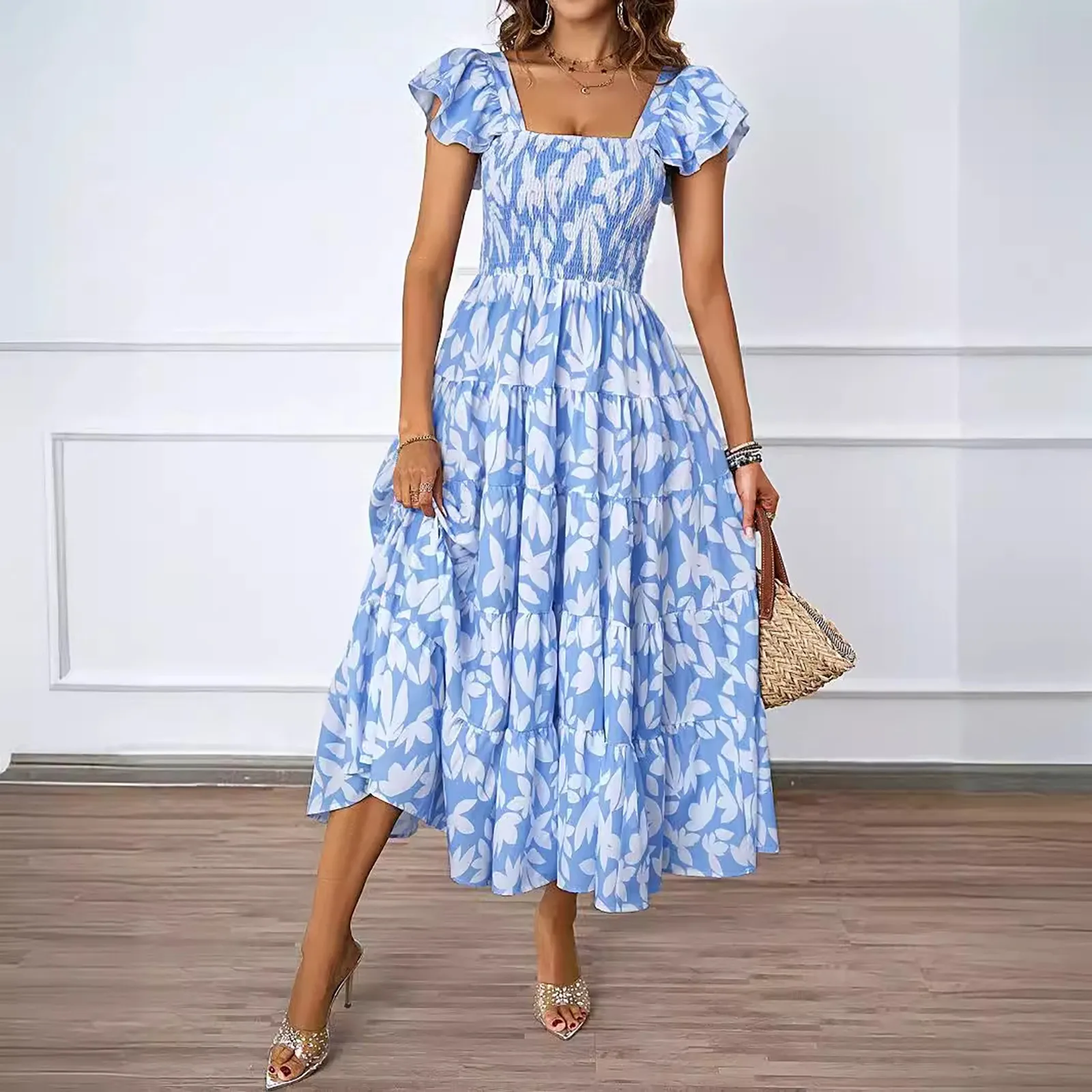 

Square neck high waist elegant A-line dress women printed elastic chest cake dresses flying sleeves slim pleated midi dres