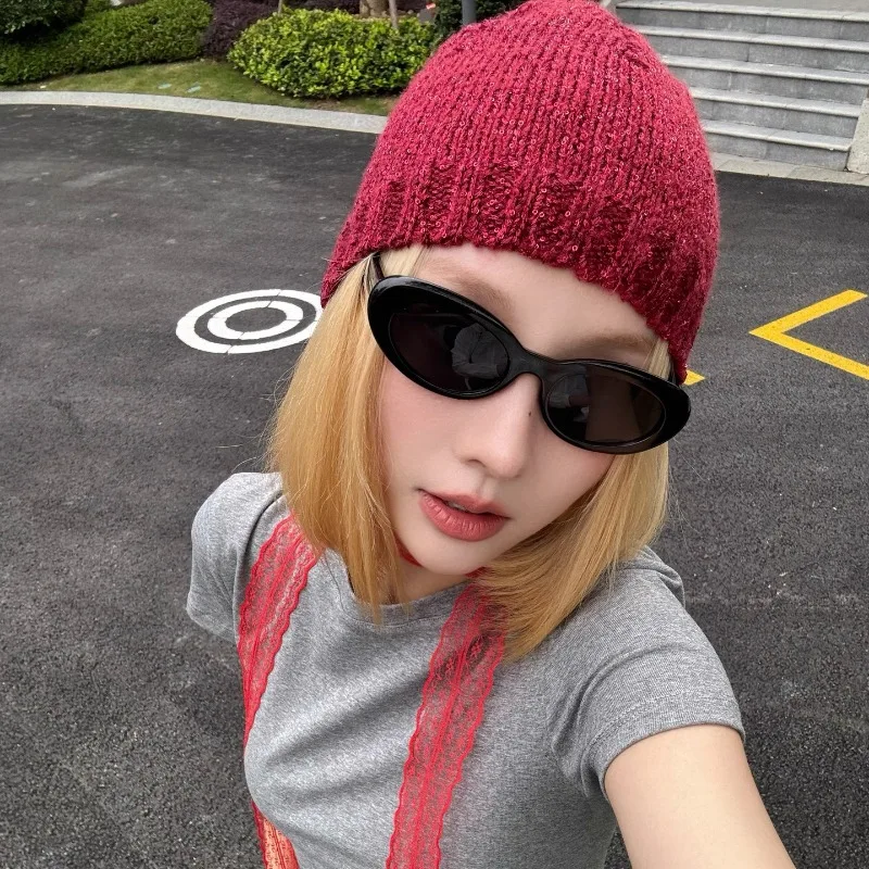 Korean Version Fashion Sequined Elastic Pullover Hat Women\'s Spring and Autumn Personality Short Brim Knitted Skull Beanie Cap