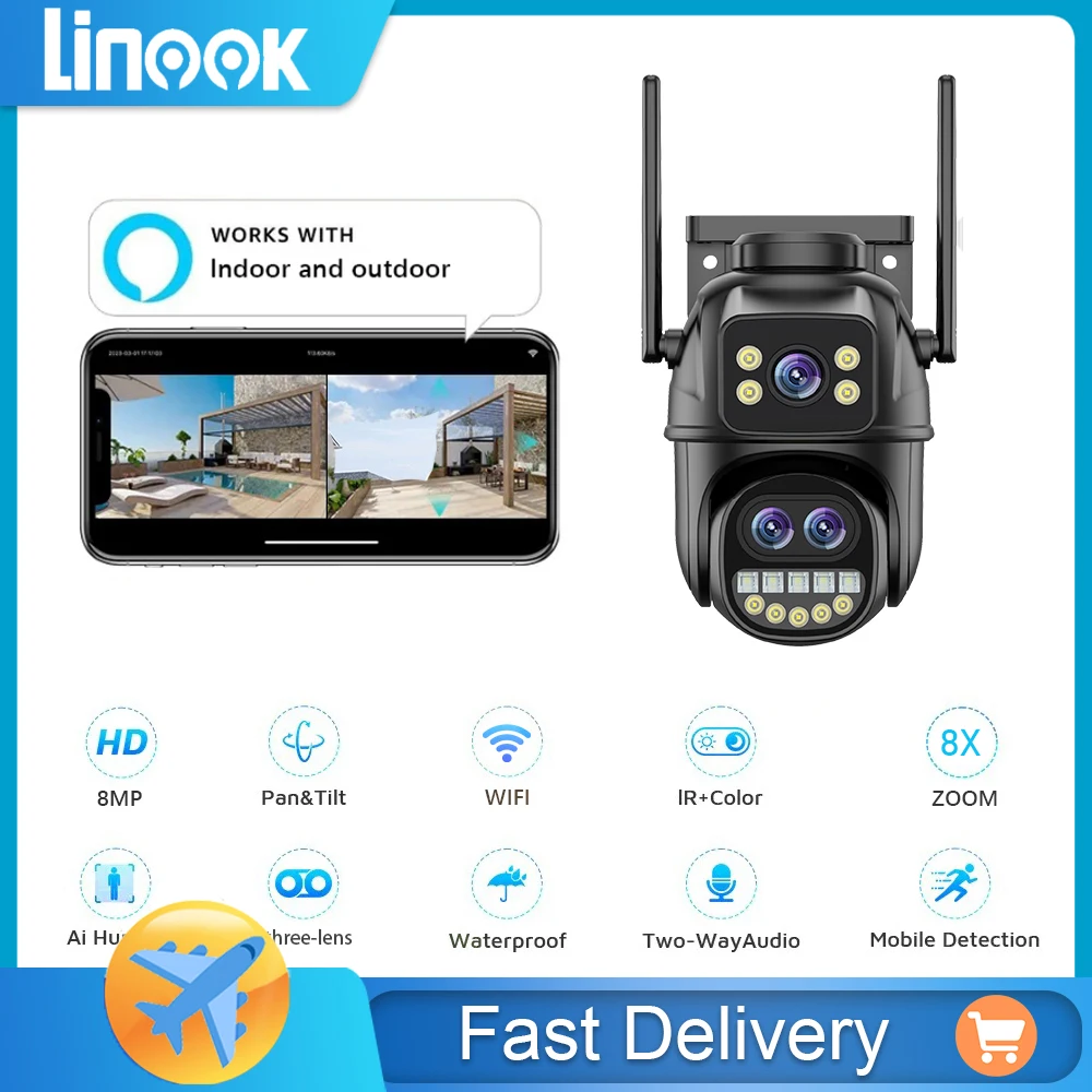 Linook 4K 9MP,8x optical zoom,dual lens,pan tilt,WIFI home safety outdoor 360 camera,waterproof color,night vision,CCTV,icsee