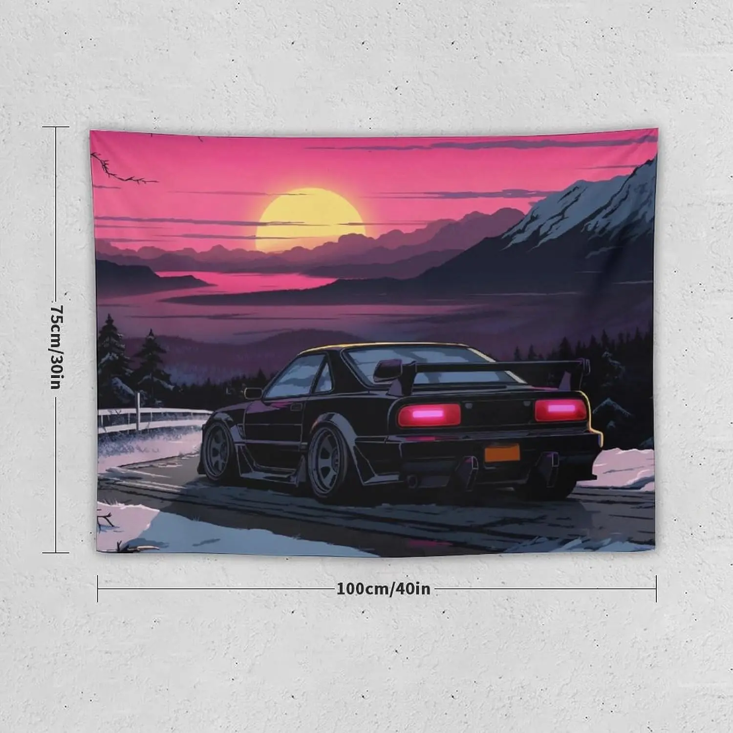 Retro Synthwave Sports Car Wall Tapestry Aesthetic Sunset Mountain Landscape 80s Vaporwave Home Decor Art Print