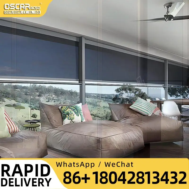 Windproof Waterproof Outdoor Roller Blinds Zip Track Screen Patio Motorized Blinds for Outdoor Events Picnics Balconies Rolling