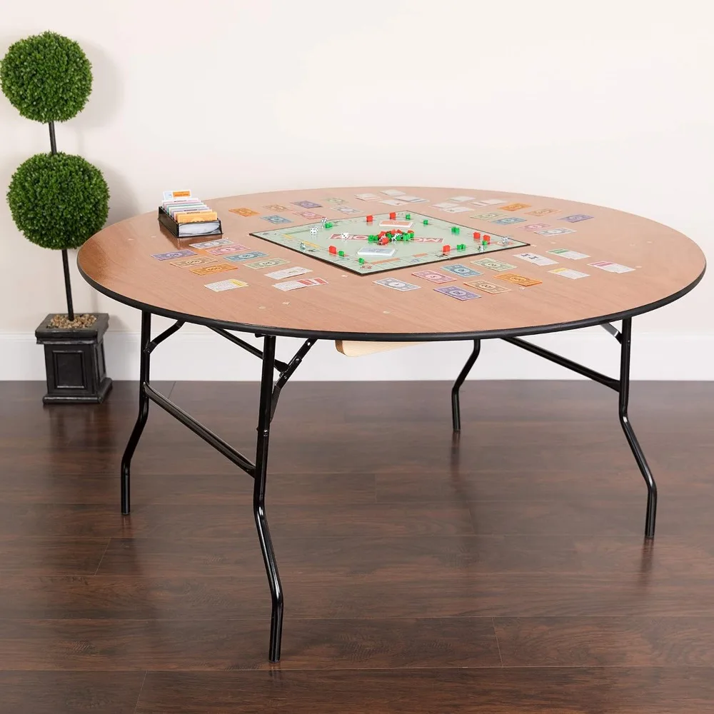 5' Round All-Occasion Wood Folding Event Table, Foldable Round Portable Banquet Table with Wooden Top, Natural/Black