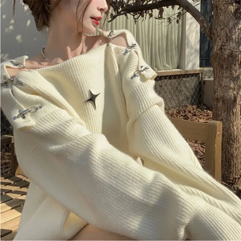 Autumn New Y2K Women Korean Elegant Oversized High Street Sweater Aesthetics Long Sleeve Sweaters Bare Shoulders Pullovers 복장