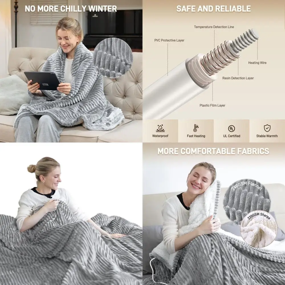 

King Size Electric Blanket 100 x 90 - 10 Time & 6 Heat Settings, Soft Flannel, Machine Washable, Overheat Protection (Gray)