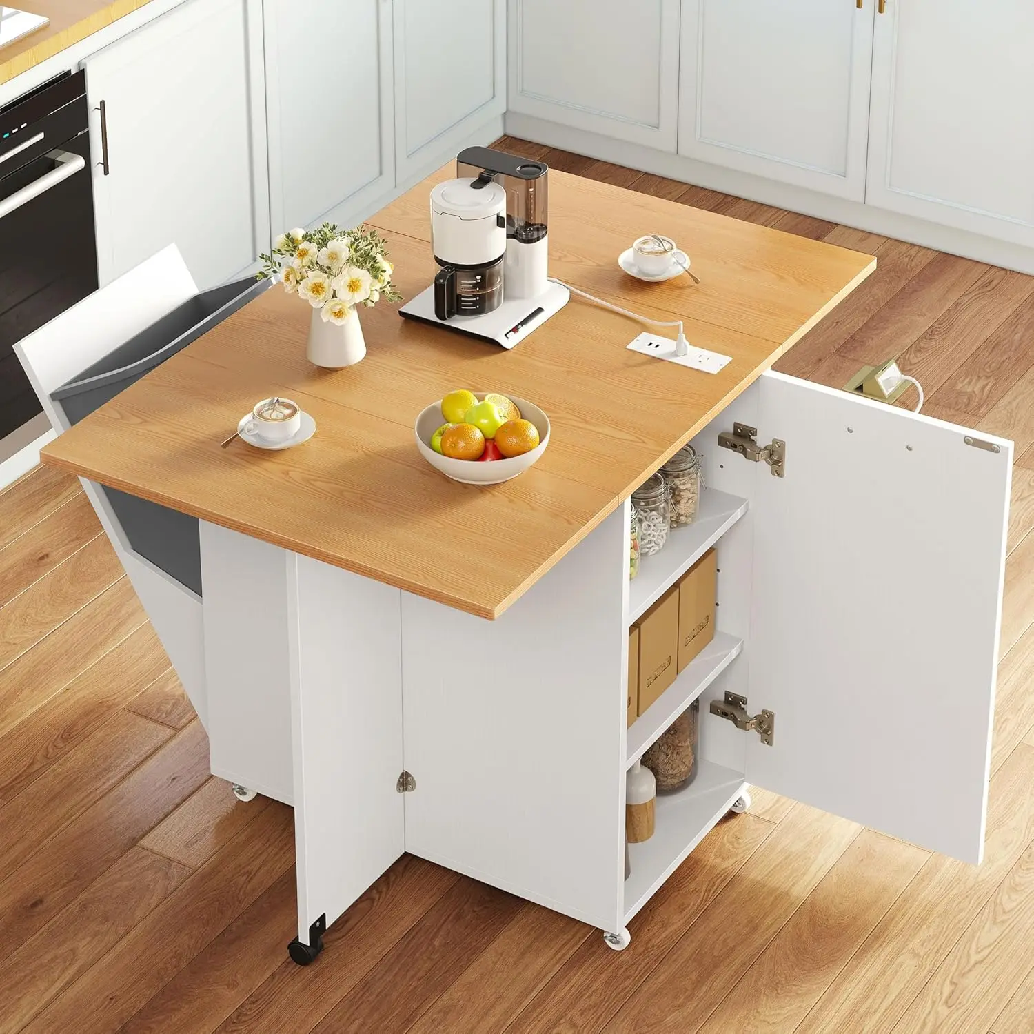 

Kitchen Island with Drop Leaf, Folding Extendable Dining Table with Power Outlet, Space Saving Mobile Storage Islands w