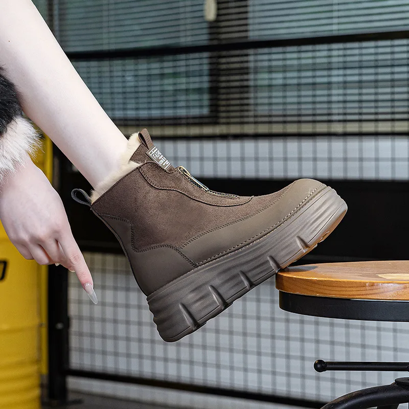 Fujin 6 سنتيمتر 2 بوصة منصة كعب النساء الثلوج الأحذية جلد الغزال حذاء من الجلد الجوارب مقاوم للماء مريحة الشتاء الدافئ الجوارب