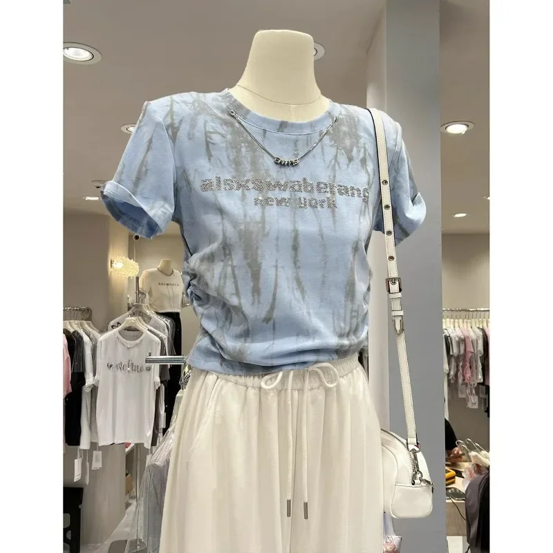 Versatile Casual Short-sleeved T-shirt Summer 2025 New Slim-fit Short Round Neck Chain Tie-dye Printed Korean Style Top