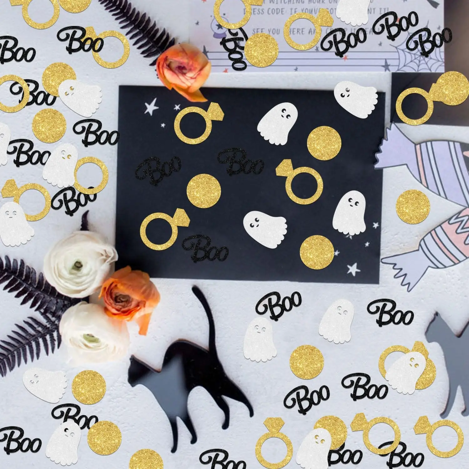 Funmemoir 200Pcs Halloween She Found Her Boo Themed Bridal Shower Gold Black Confetti Halloween Table Party Decor Supplies