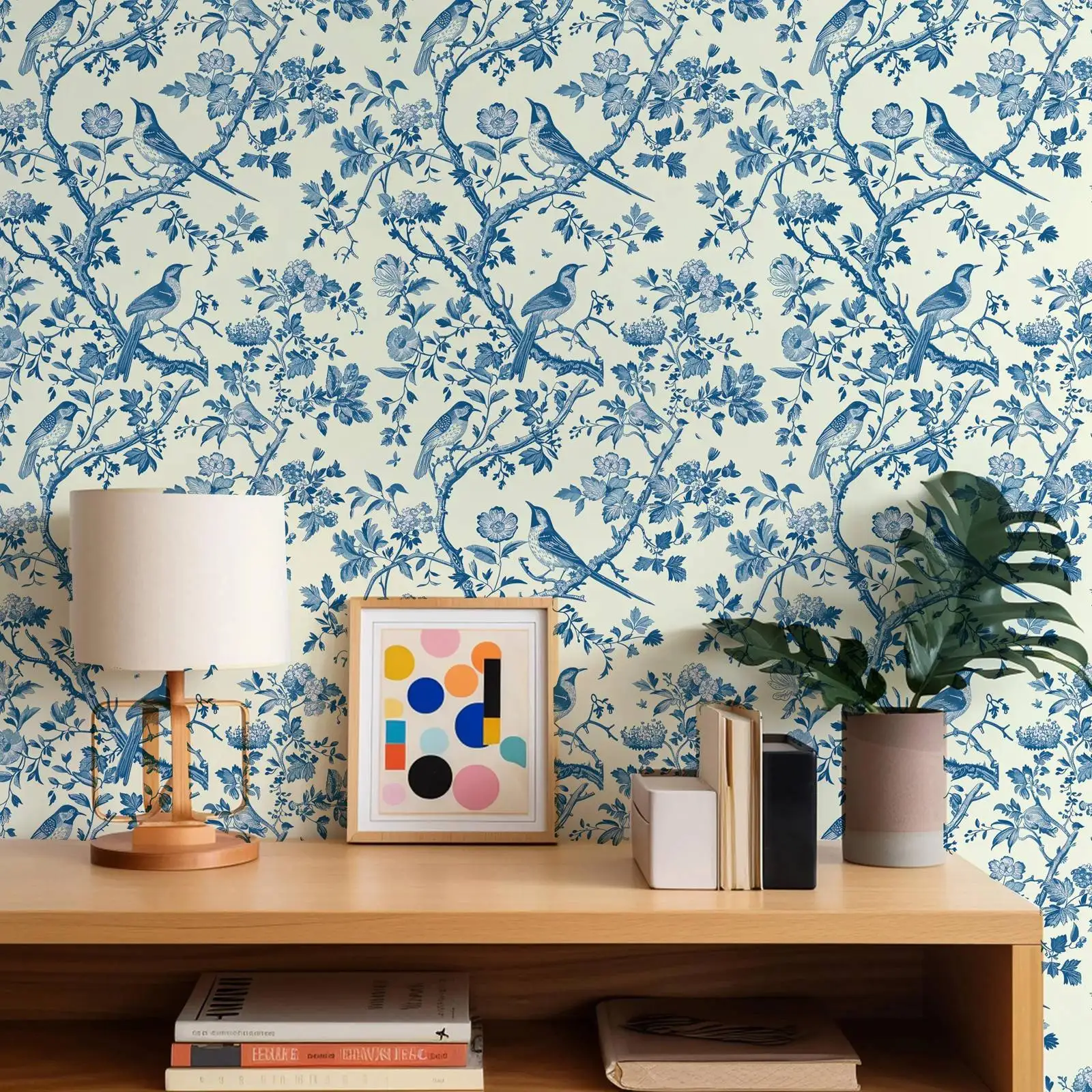 Blue Botanical Bird Wallpaper Peel and Stcik.Vintage Floral With Birds Wall Mural For Home Decor,Self-adhesive Or Traditional