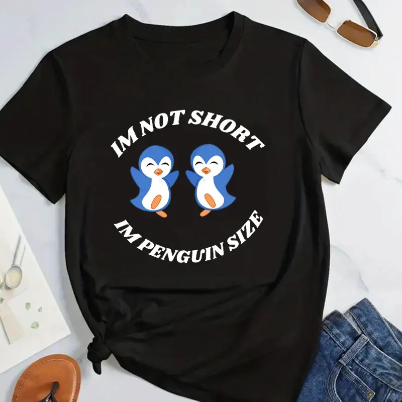 Im Not Short Im Penguin Size Letter Animals Print T-Shirt Crew Neck Short Sleeve T-Shirt Casual Every Day Tops Women\'s Clothing