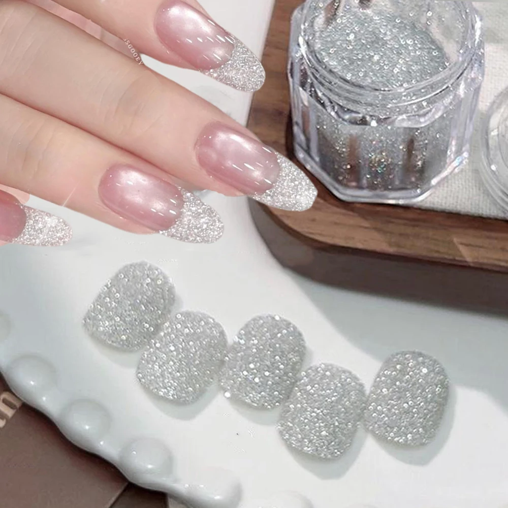 1 barattolo di polvere per unghie glitter grigio argento riflettente polvere di diamante abbagliante per polvere per unghie cromata 3D pigmento per nail art granuli fini polvere per unghie