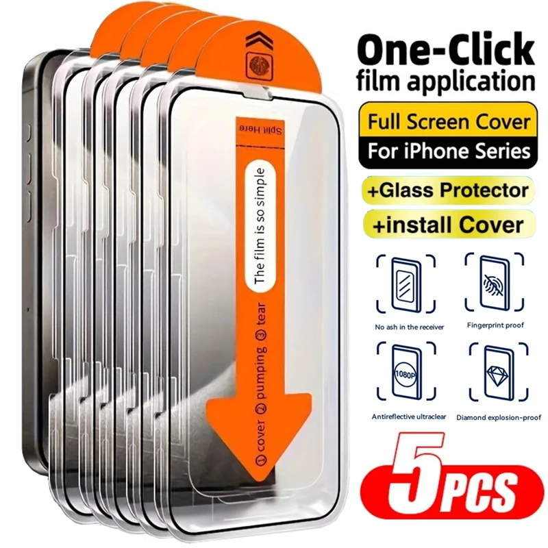 

5PCS Tempered Glass For iPhone 17 16 15 14 13 12 11 Pro Max Plus XR XS One-click Dust free Installation HD Screen Protector