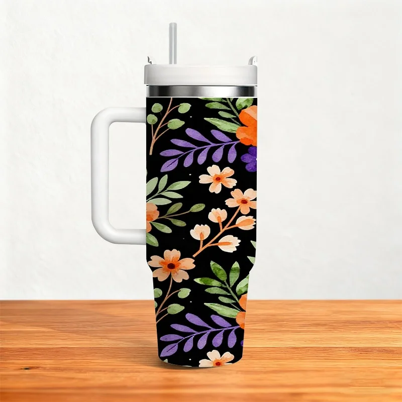 Vibrant Watercolor Floral Print 40Oz Stainless Steel Insulated Tumbler, Black Background with Orange Purple Blooms, Green Leaves And Brown Branches, Durable Stylish Drinkware for Daily Commute, Office And Outdoor Beverage Storage