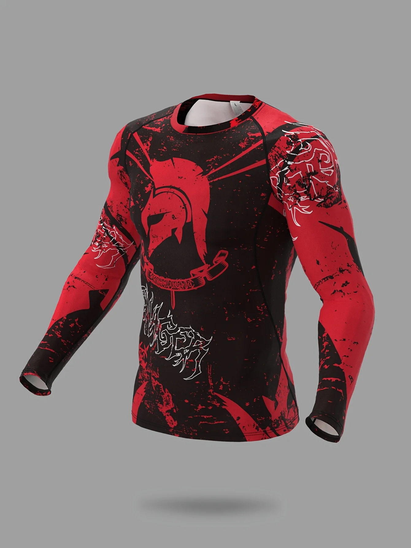 

Men Stylish Red & Black Long-Sleeve Athletic Top with Spartan Helmet Design 3D Digital Print Quick-Dry Oversized Y2K Streetwear