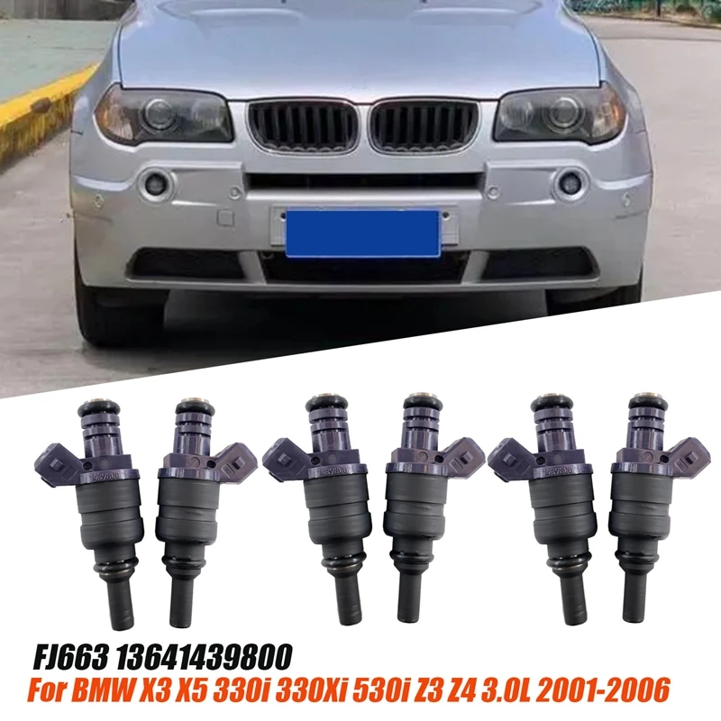 6Pcs Fuel Injector Nozzle FJ663 13641439800 For BMW X3 X5 330I 330Xi 530I Z3 Z42001-2006 3.0L 13537546244 13641427240 Parts