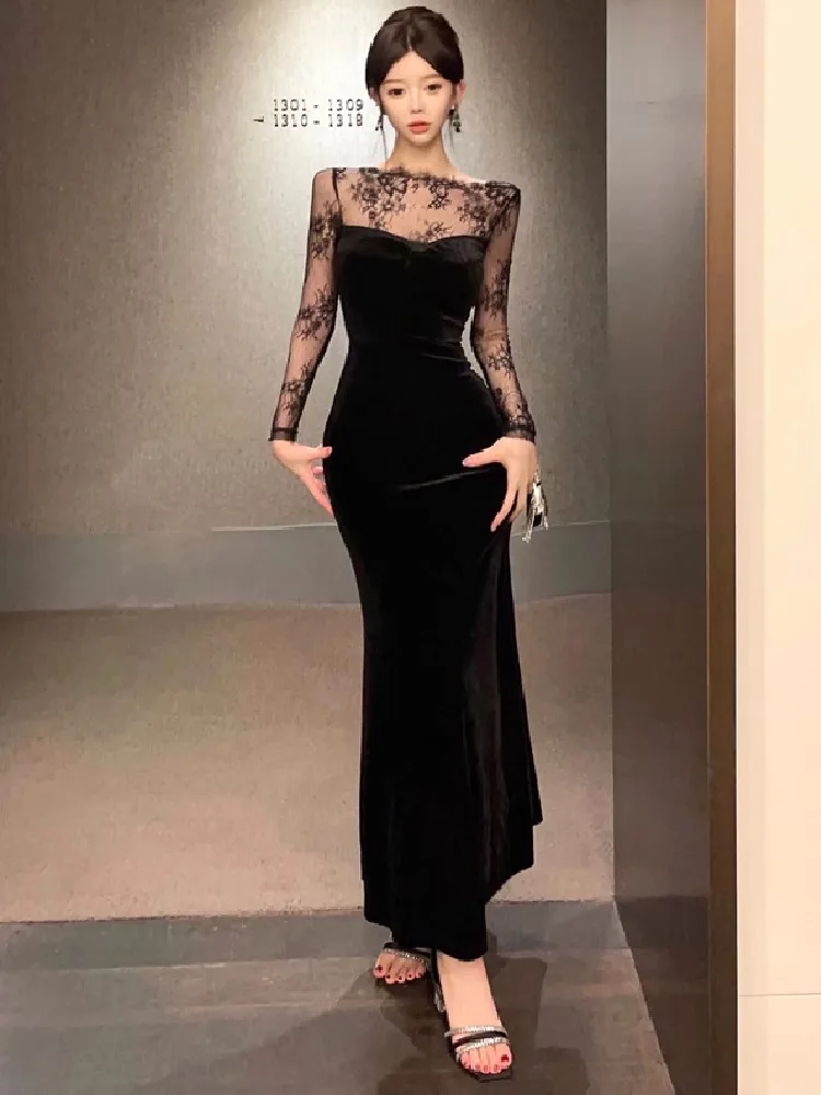 Ezgaga Dresses Women Velvet Lace Patchwork Long Sleeve Slim Vintage Elegant Party Backless Elegant Mermaid Dress Ladies Sexy