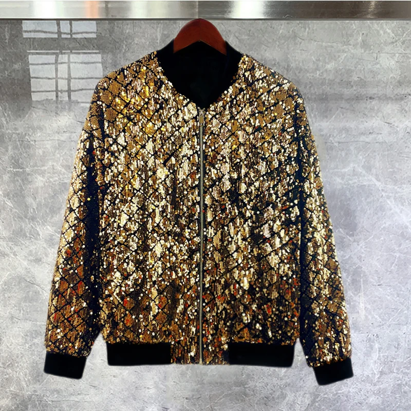 Fashion Sequins Punk Club Outfit Leisure Jacket High Quality Luxury Zipper Jacket Men Jaqueta Bomber Diamond Men Jacket Coat