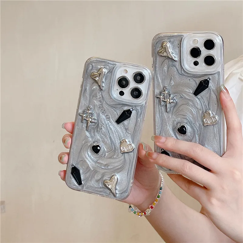 Epoxy Rhinestone Irregular Mirror Phone Case For iPhone 14 Plus 11 12 13 Pro Max Soft Silver Metal Texture Cover X XS XR Funda