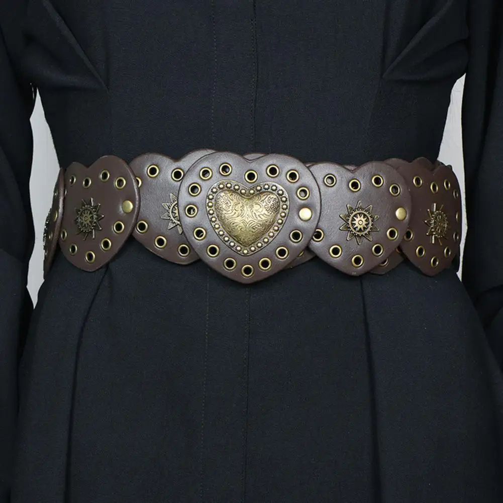 Retro Western Cowboy Belt Hollow Hole Metal Heart Stitching Waistband Faux Leather Accessories Decorated Costume Accessories