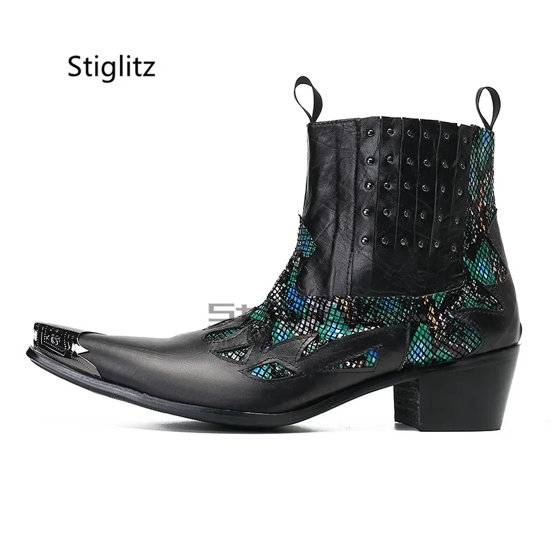 Patchwork Totem Genuine Leather Men's Boots High Heels Metal Pointed Toe Shoes Rivet Slip On Ankle Boots Business Party Shoes