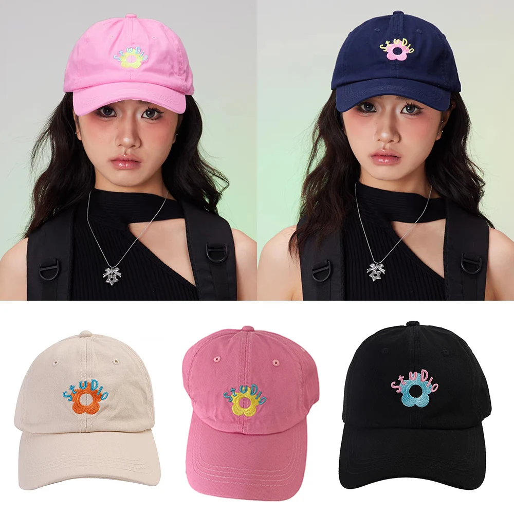 Embroidery Baseball Caps Women Snapback Hat Soft Top Peaked Cap Fashion Sunshade Flowers Contrasting Colors Cute Headwear