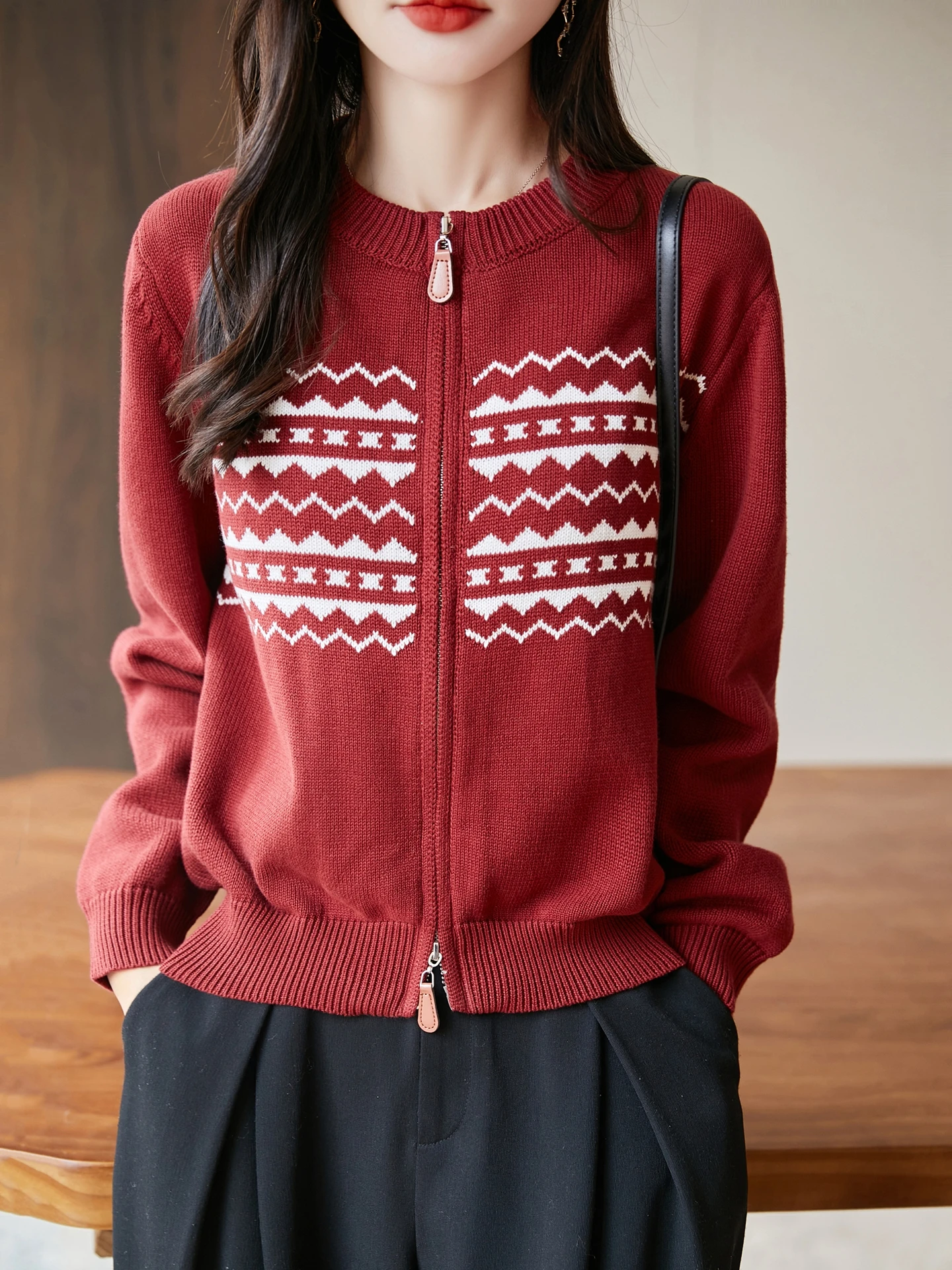 

Miu Series Pure Cotton Knitted Cardigan Women's round Ne Spliced Color Knitwear Loose Casual ort Outerwear Top