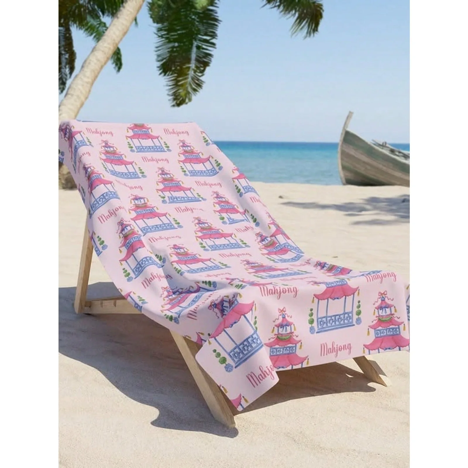 Mahjong Beach Towel, Pink Pagoda Chinoiserie Print, Preppy Grandmillennial StY1Le312g Printed Multi-Purpose Large Size Beach Tow
