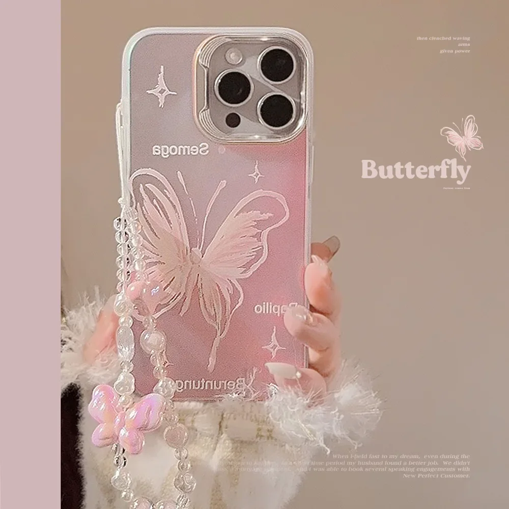 Fantasy Laser Pink Butterfly Phone Case with Lanyard for IPhone16 15 14 12 13 11 Pro ProMax Plus X XR Shockproof Phone Cover