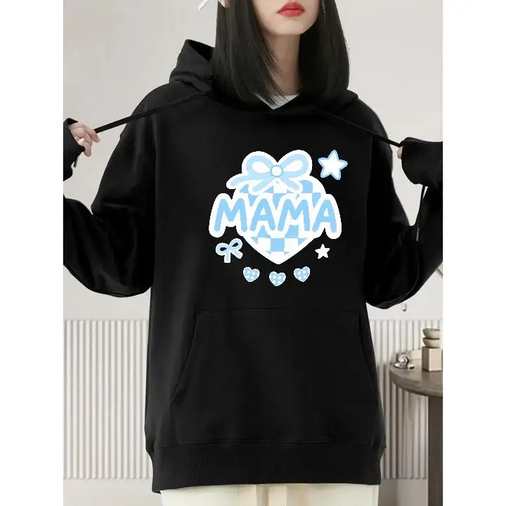 Women's Mama Heart Print Hoodie, Cute Mother's Day Pullover Sweatshirt, Oversized Graphic Top, Gift for New Mom