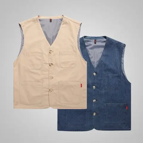 "European Size Men's Plus Size Vest Denim Sleeveless Jacket Multi Pocket Casual Waistcoat Outdoor Cross-Border Leisure Vest