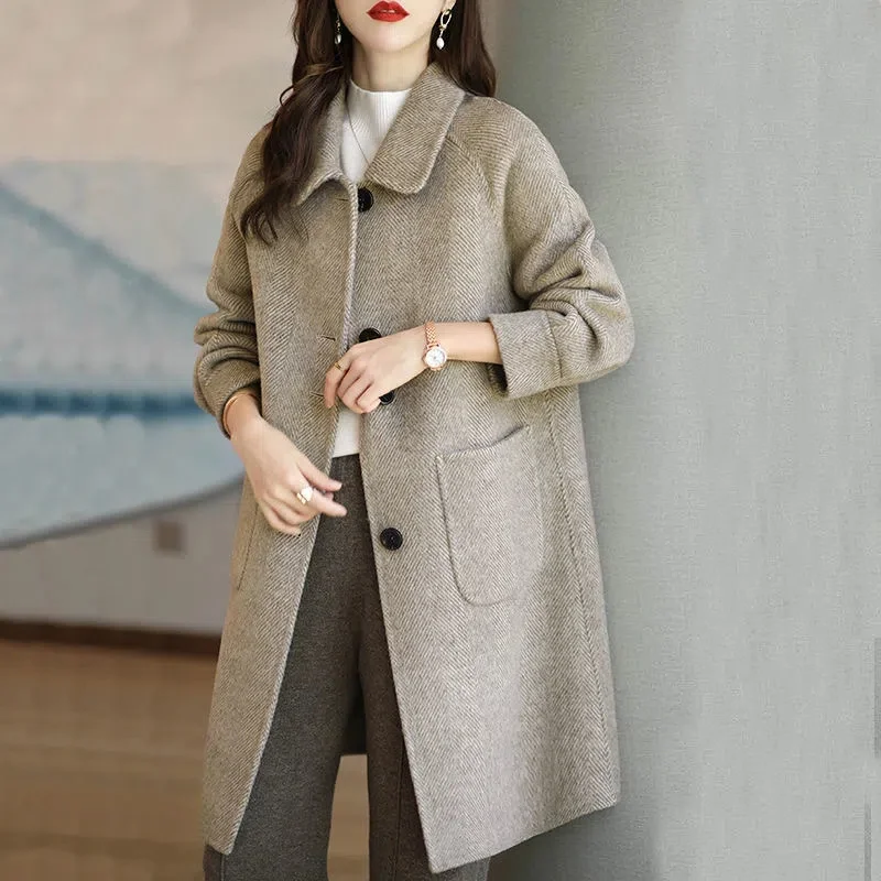 Woolen Jacket Women\'s 2025 Autumn/Winter New Style Small Thickened Korean Version Slim Temperament Mid-Length Woolen Coat M458