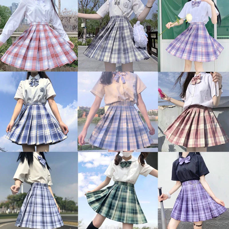 Japanese School Girl Uniform Pleated Skirts Street Fashion Hight Waist A-Line Plaid JK Short Skirt Ice Cream Color Summer Wear