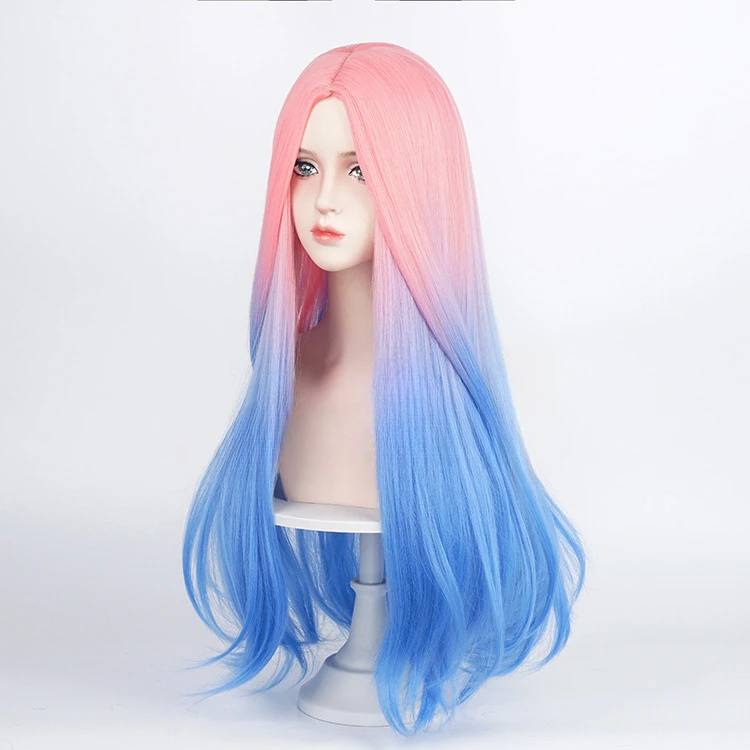 ALIEN STAGE Mizi Cosplay Pruik Lange Rechte Roze Blauw Gradiënt Pruiken Hittebestendig Haar Halloween Kostuum Partij Pruiken + Pruik Cap