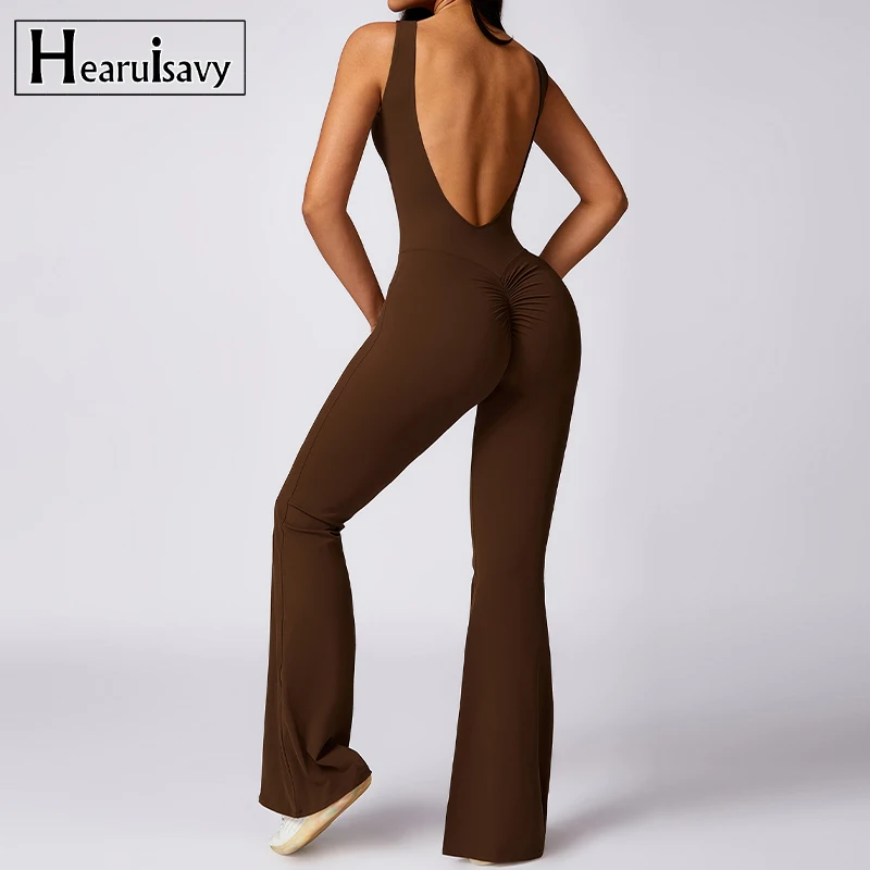 Sleeveless One-piece Suit Women Backless Sports Jumpsuit Female Flared Rompers Quick Drying Yoga Clothing Workout Bodysuits